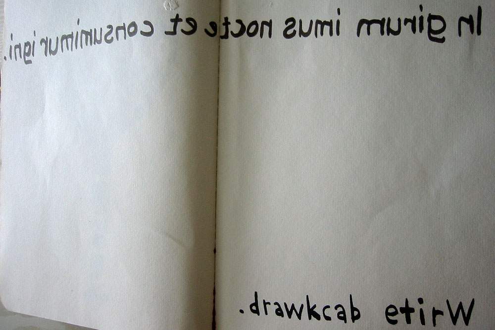 a journal with a latin palindrome and the words "drawkcab etirw"
