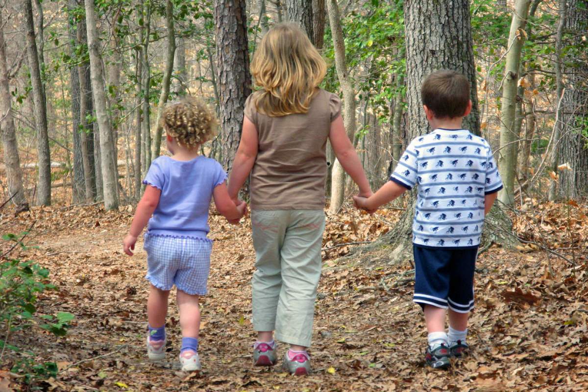 three kids walking on a trail in the forest