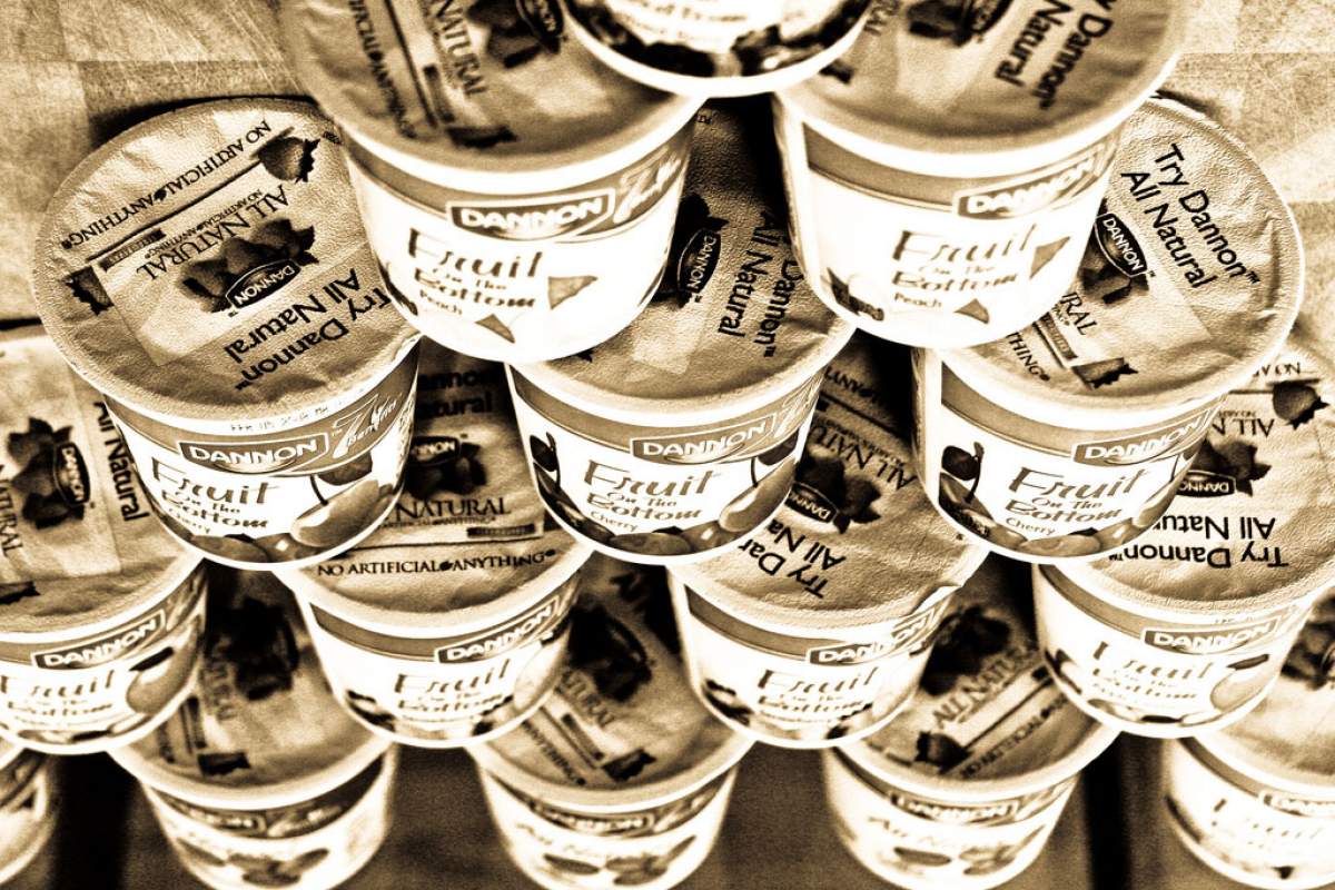 yogurt containers stacked in a pyramid
