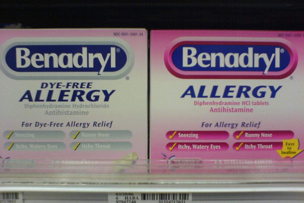 benadryl boxes on a shelf