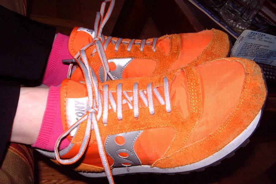 orange and pink running shoes