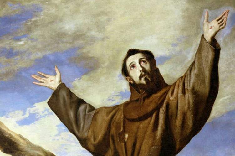 Painted depiction of St. Francis of Assisi with lifted hands