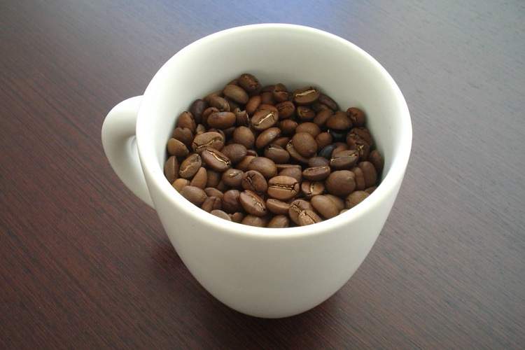 A coffee mug filled with roasted coffee beans