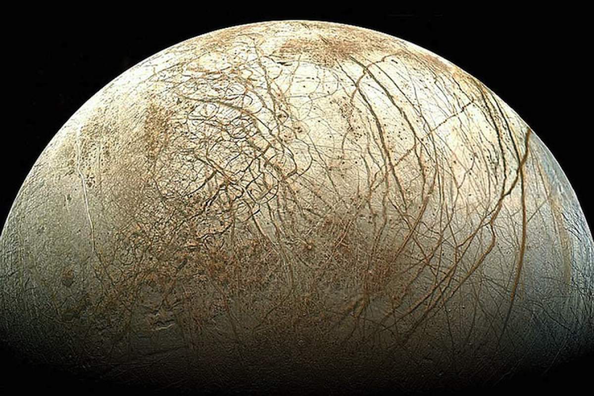 A satellite view of Europa's icy surface