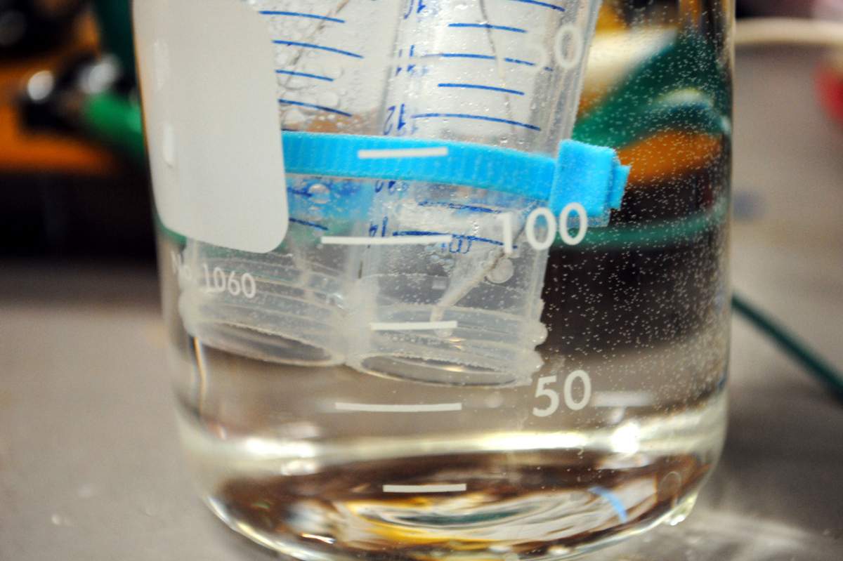 a beaker containing electrodes is used to perform water electrolysis