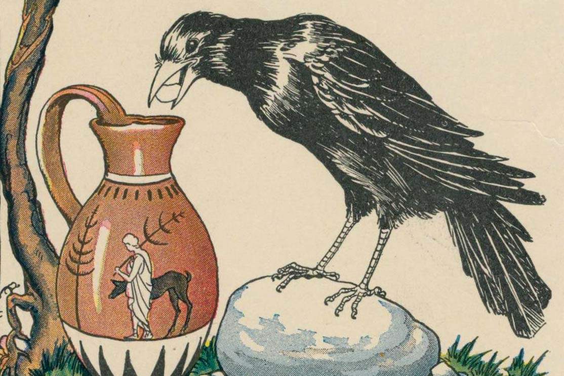 Aesop illustration of crow dropping rocks in pitcher of water