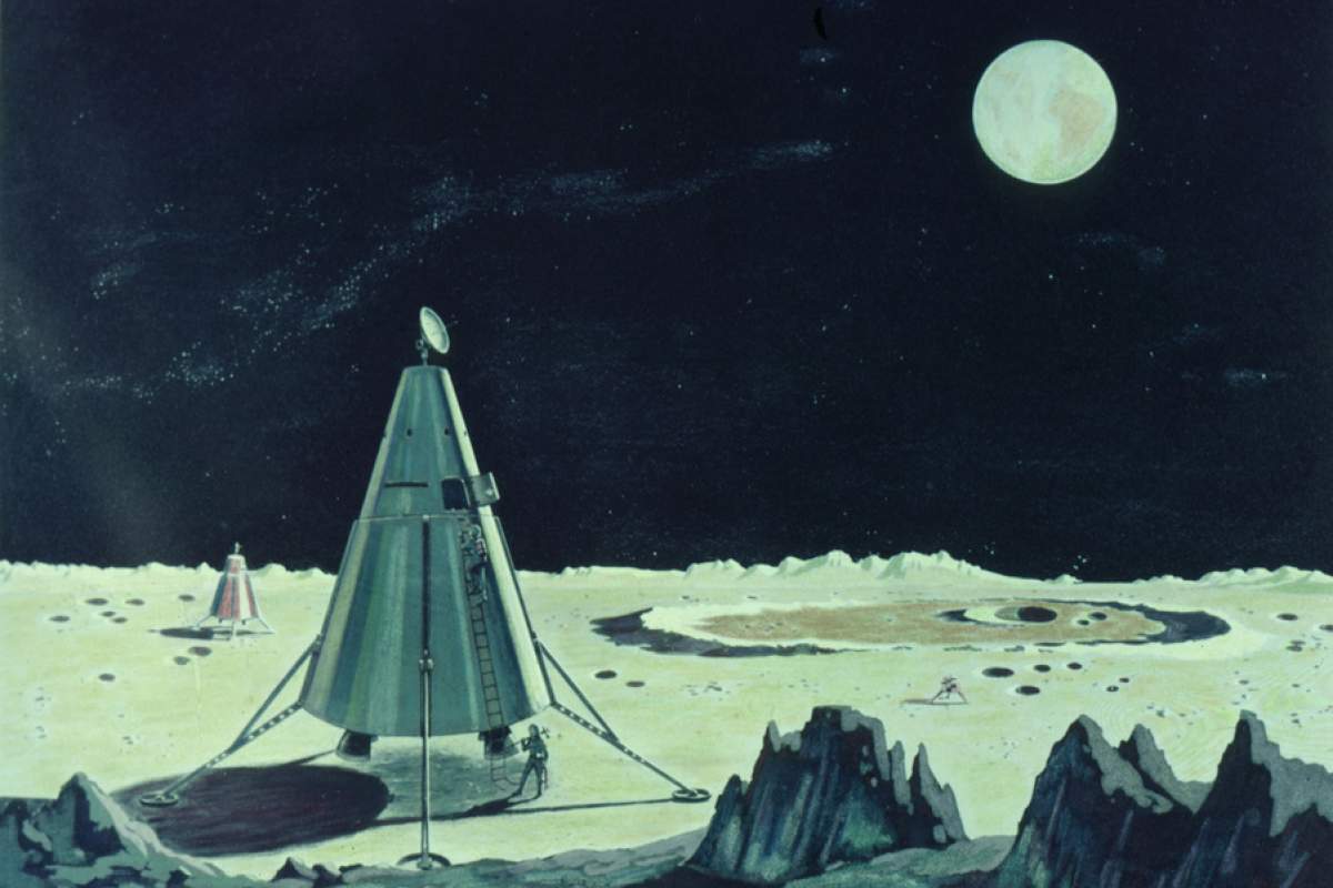 vintage illustration of rocket on moon