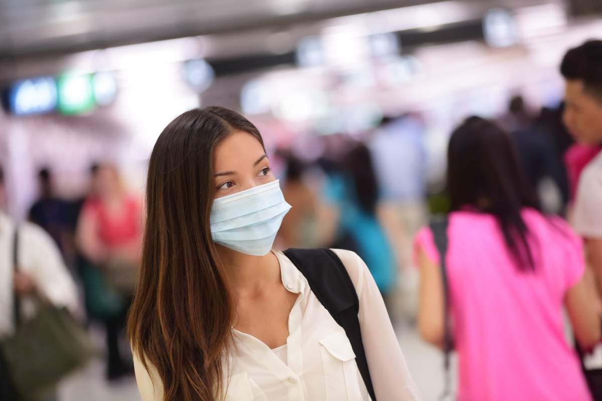 woman wearing surgical mask in public space