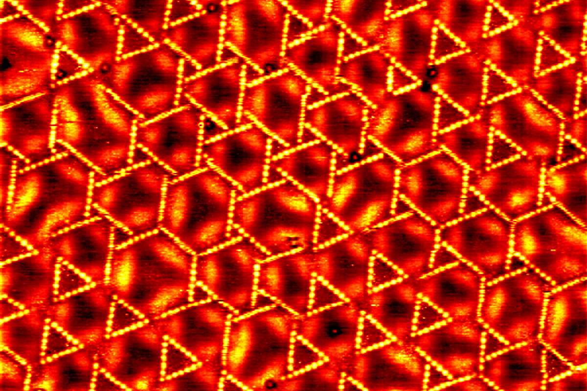 "dancing triangles" pattern created by sulfur atoms on a layer of copper