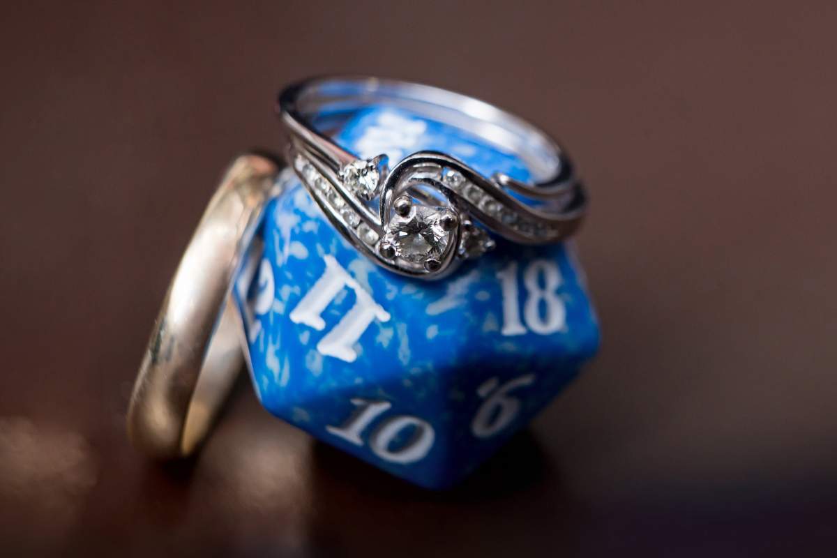 wedding rings and dice