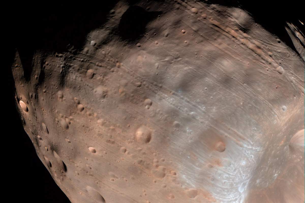 A close-up image of Phobos (Mars' largest moon)