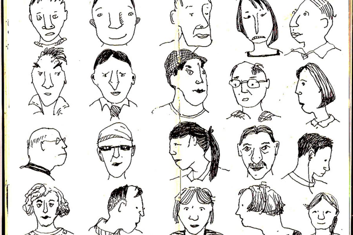 Pen and ink drawings of many different people making different faces.
