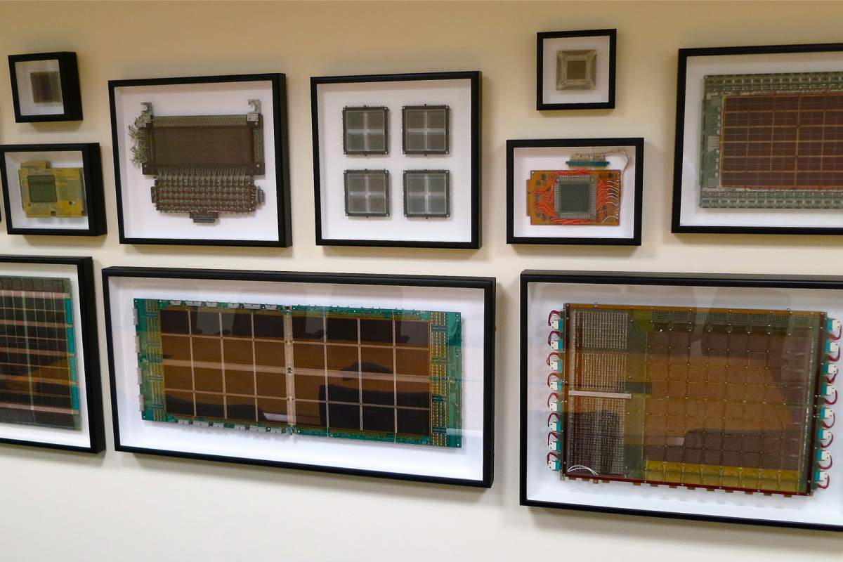 Magnetic core computer storage that has been framed and set up in an art gallery wall style.
