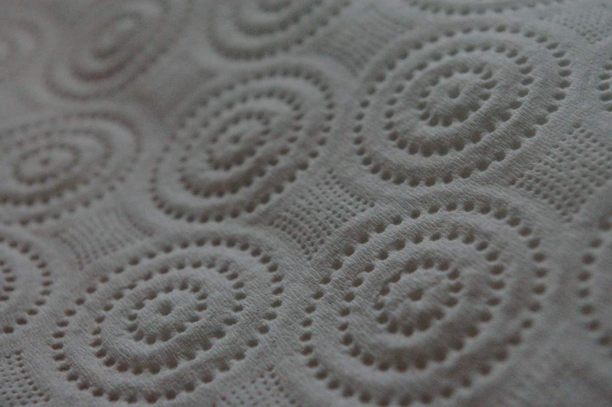 a close-up image of the design on a roll of paper towel. Circles made of smaller circles made of dots. The paper towel is white.