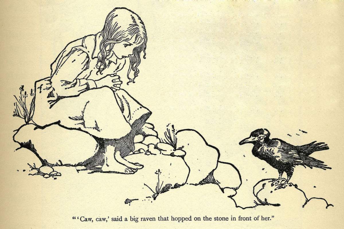 an illustration of a young woman being approached by a crow