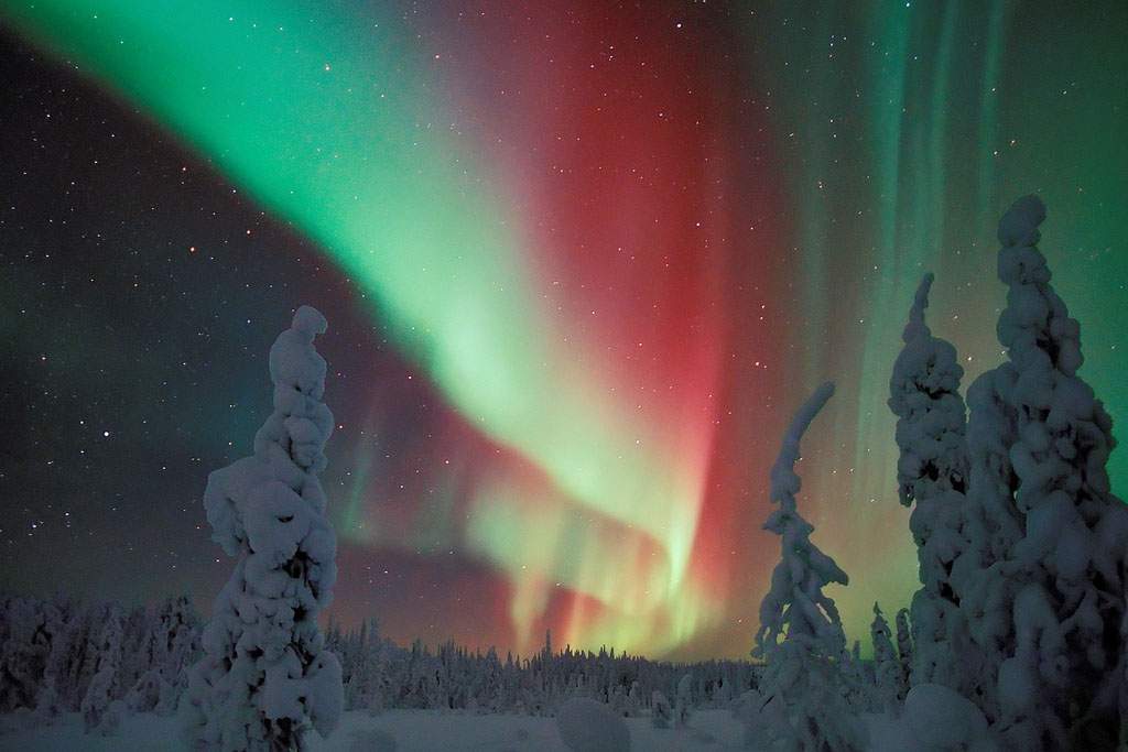 northern lights behind a snowy landscape