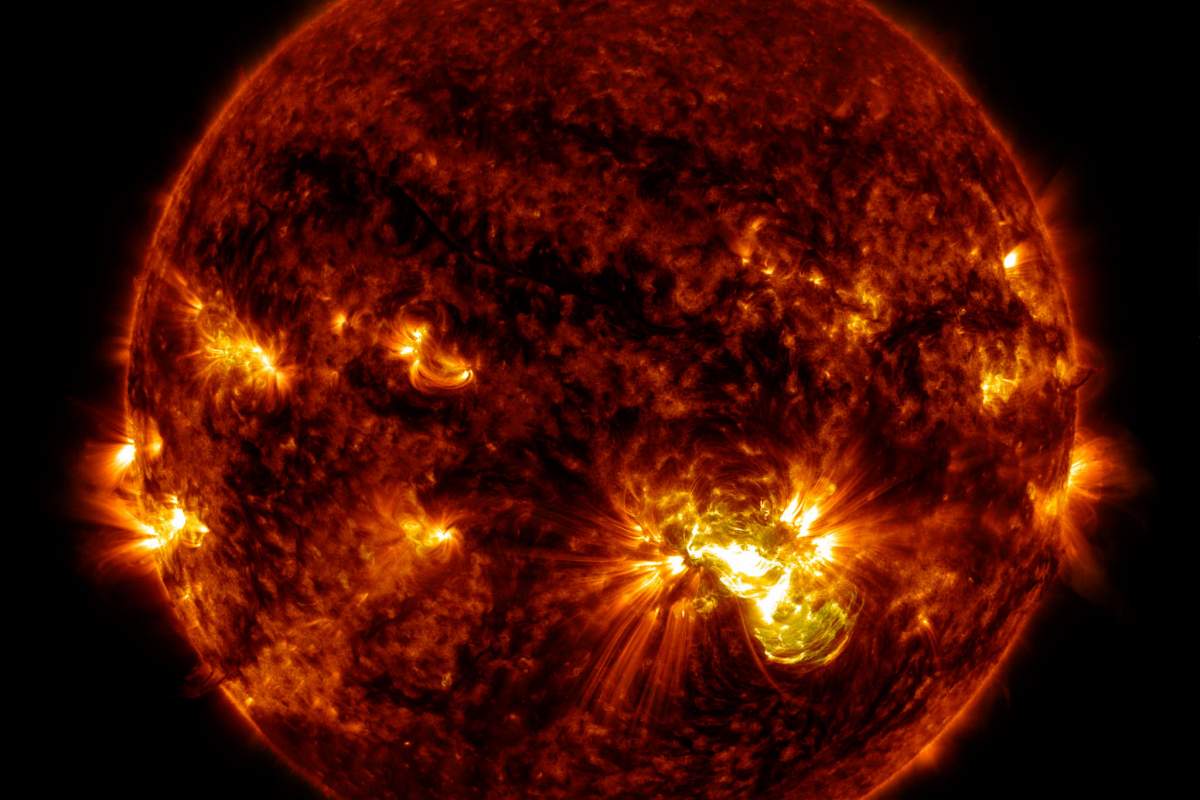 Giant Sunspot Erupts on October 24, 2014  Active region AR 12192 on the sun erupted with a strong flare on Oct. 24, 2014, as seen in the bright light of this image captured by NASA's Solar Dynamics Observatory. This image shows extreme ultraviolet light that highlights the hot solar material in the sun's atmosphere. (Credit for Caption Text and Image: NASA/GCFC/SDO)