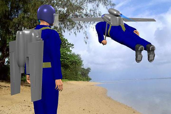 A computer-generated image of what future jetpack flight might look like. (Anthony Appleyard, Wikimedia Commons)