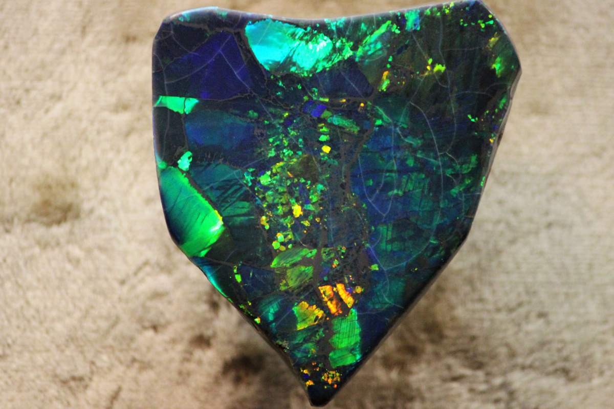 From the photo source: "'Harlequin Prince Opal, 215.85 carats, Lightning Ridge'."
