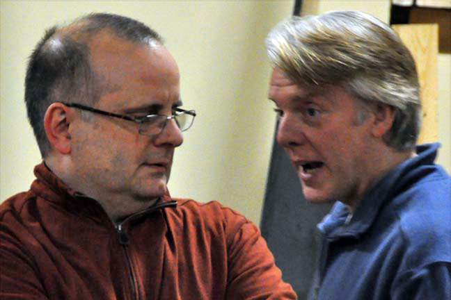 Paul Hanson (Dr. Bob) and Christopher Vettel (Bill W.) in rehearsal for BILL W. AND DR. BOB,