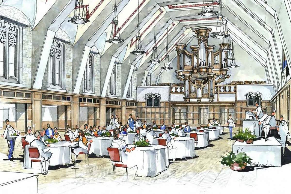 a drawing of a large room with people sitting at round tables and a large organ adorns the far wall.