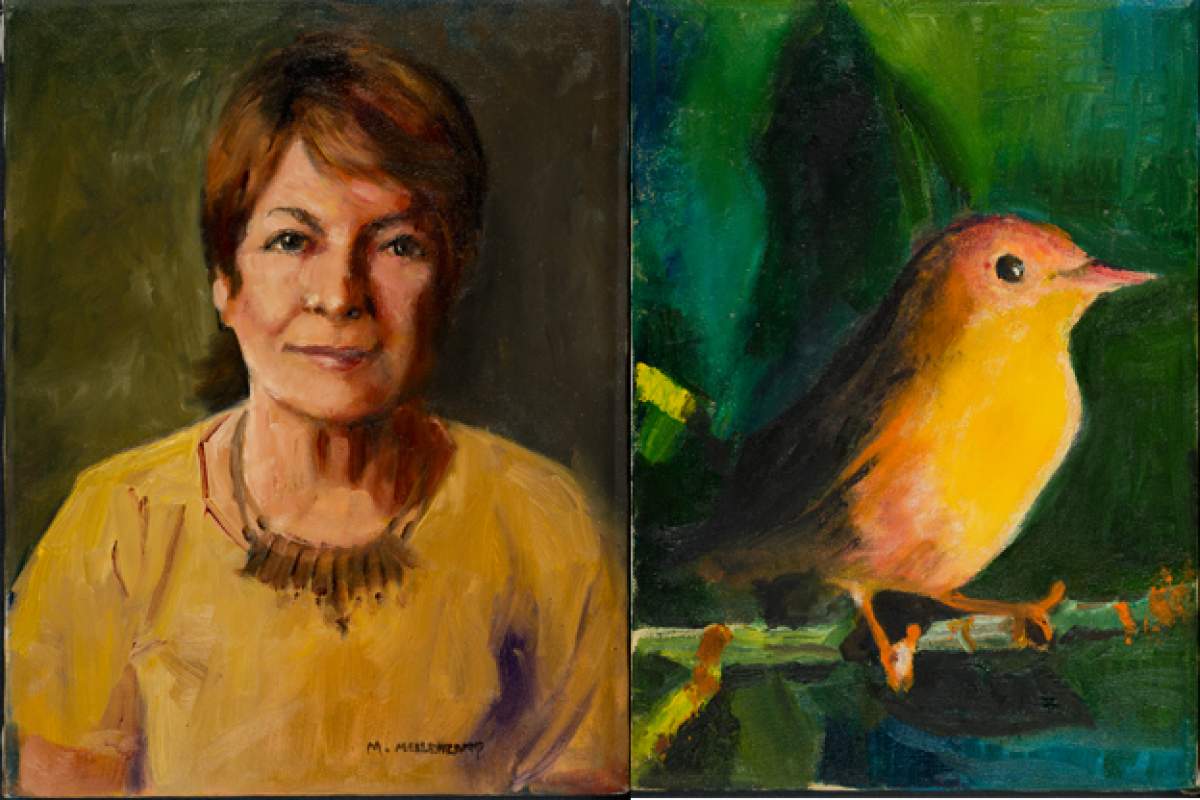 2 paintings, a self portrait of Marilyn Mellencamp and a Bird