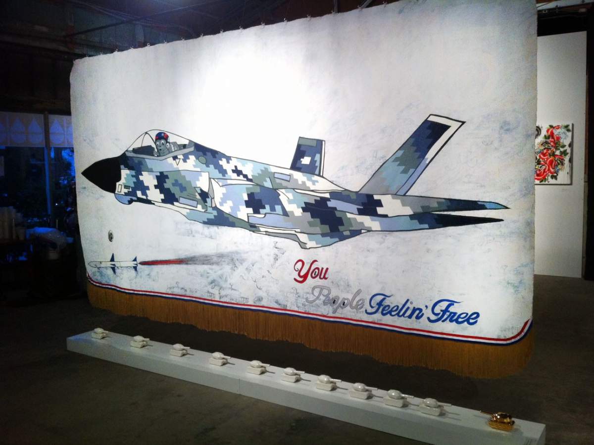 A tapestry of a fighter plane flown by Rocky of Rocky and Bullwinkle.
