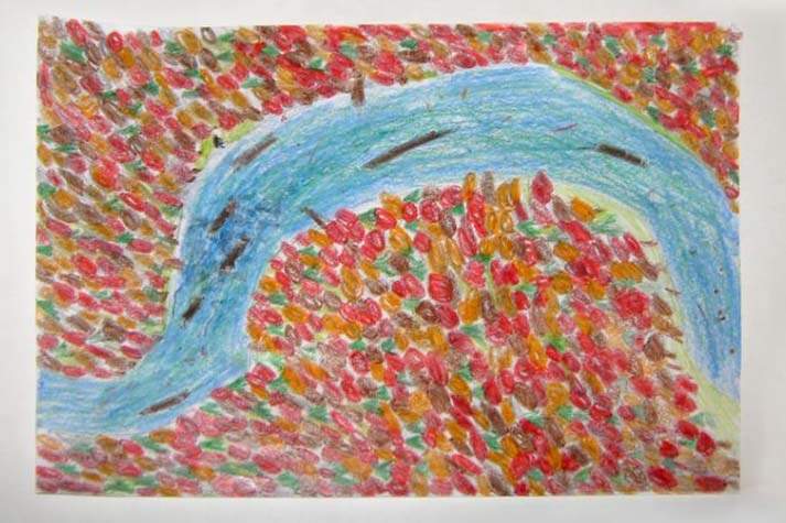crayon drawing of river and autumn trees