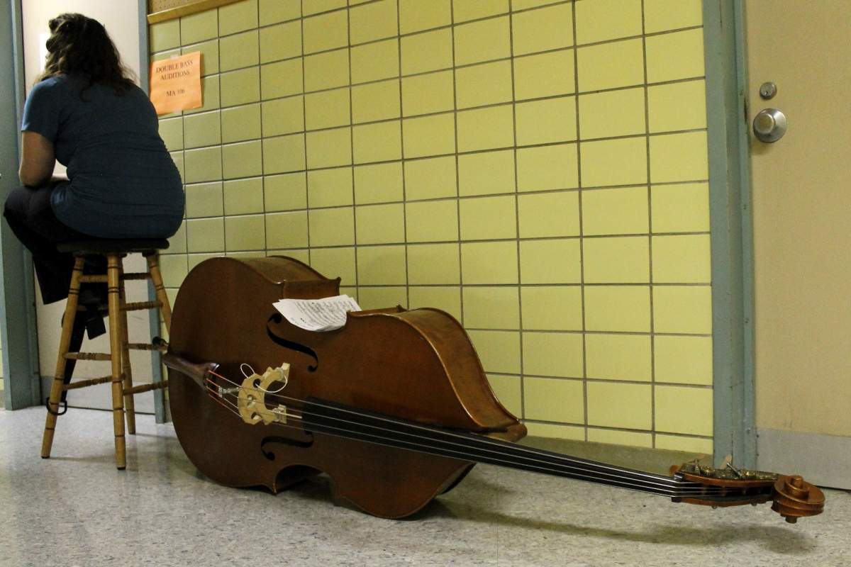 a woman sits on a stool with a double bass resting on the ground behind her.