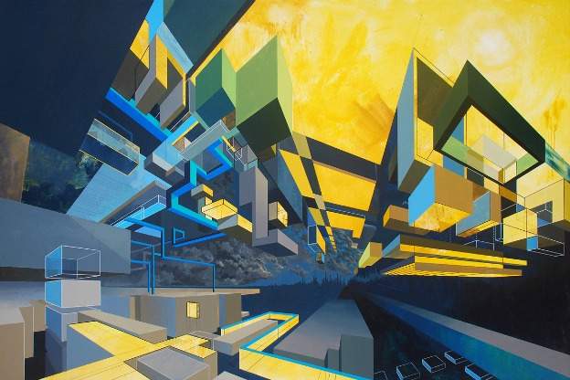 painting with blue and gold geometrical elements