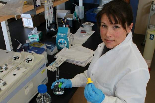 scientist in lab coat pauses in lab