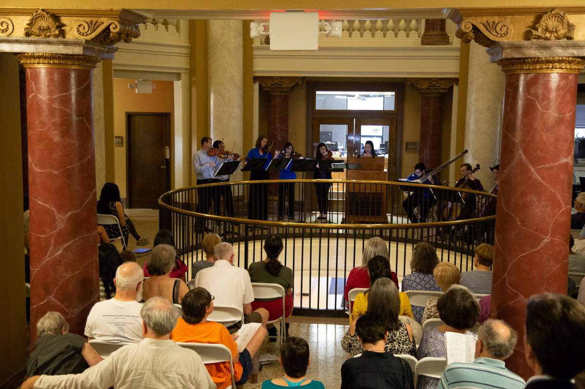 Members of the BLEMF Sacred Music Project perform at teh Bloomington Courthouse Rotunda (photo courtesy of BLEMF)