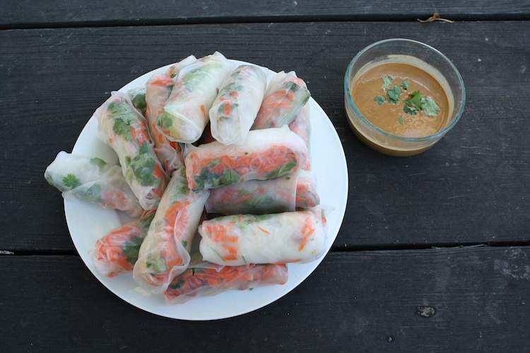 A plate of spring rolls alongside a bowl of peanut dip