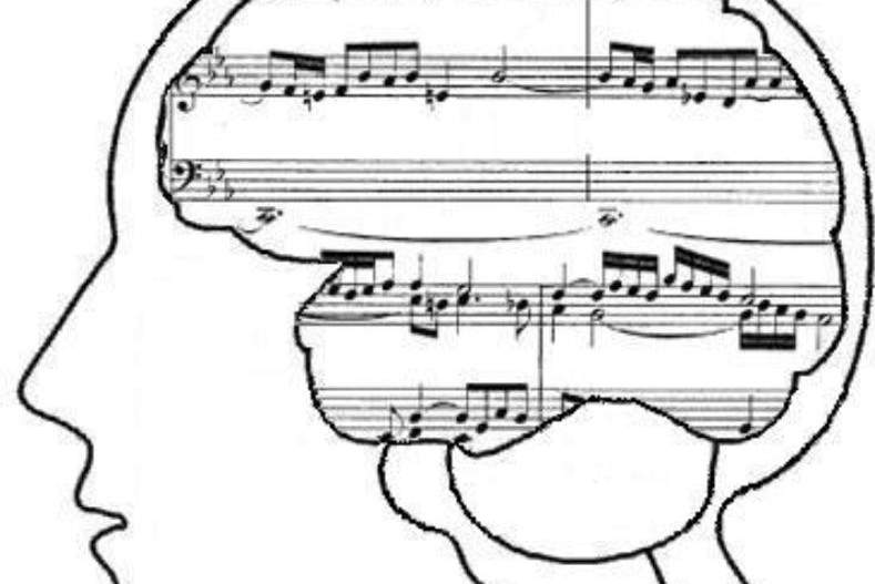 An outline of a head shows a brain full of music notes