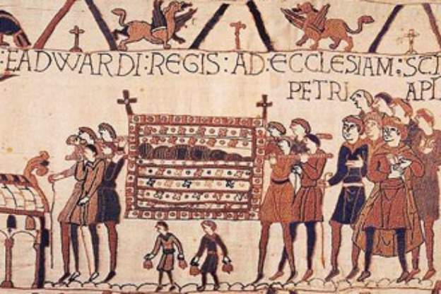 Detail from the Bayeux Tapestry (pre-1476) showing the funeral of Edward the Confessor.