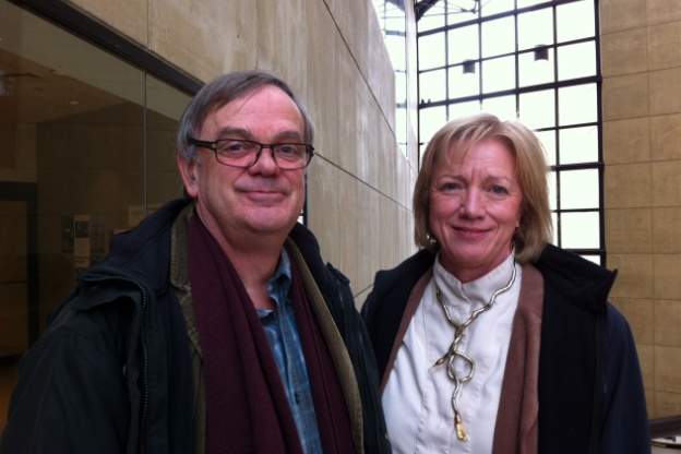 Bart Kuijken and Wendy Gillespie in the atrium of the IU Art Museum.
