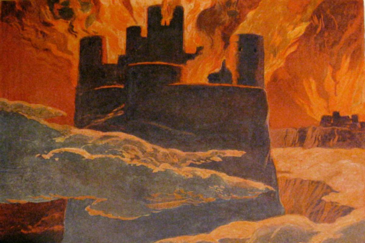 Emil Doepler, ca.1905. "Walhall, die Götterwelt der Germanen."  A scene from the last phase of Ragnarök, after the world has been engulfed by fire.