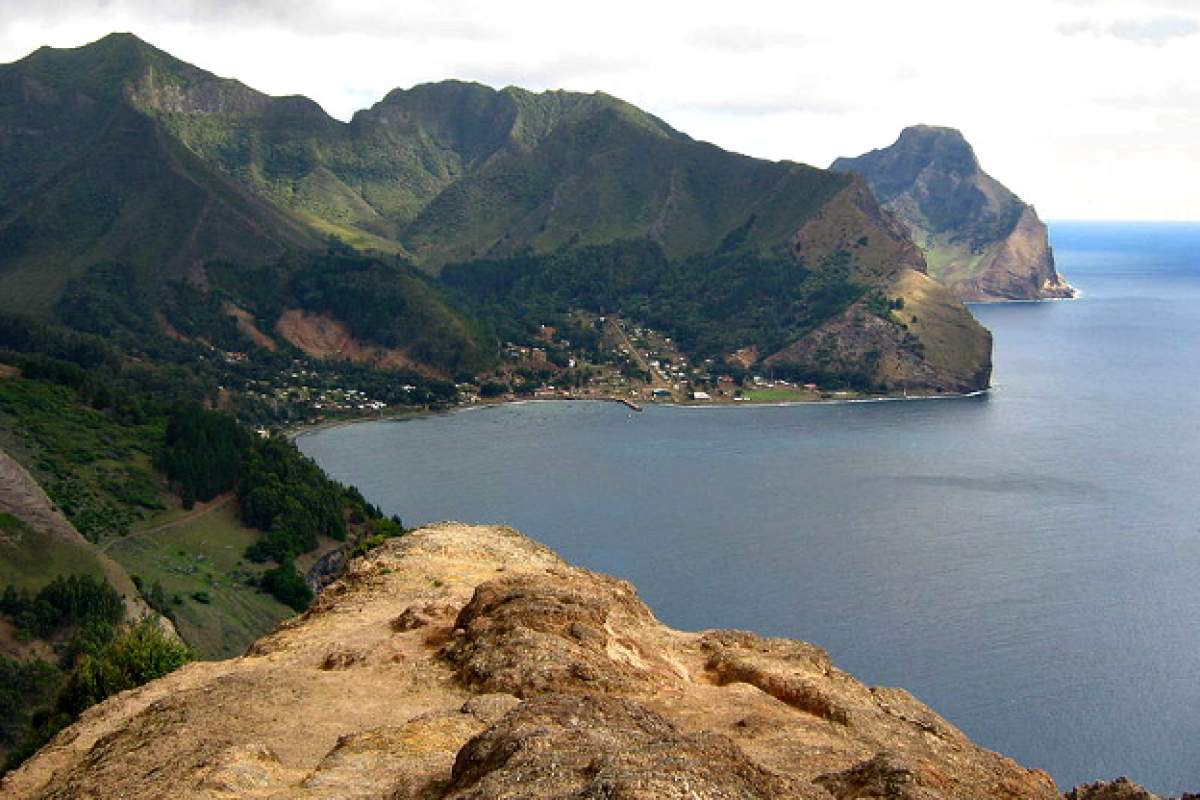 View of Robinson Crusoe Island - coast and mountains, in the Archipielago Juan Fernandez, Chile.
