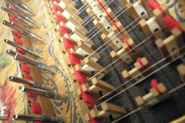A view of the inside of a harpsichord