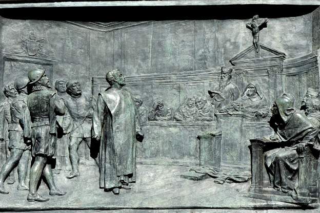 The trial of Giordano Bruno by the Roman Inquisition. Bronze relief by Ettore Ferrari (1845-1929).