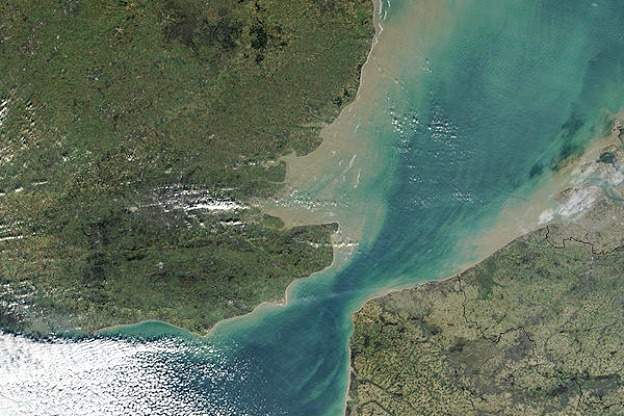 NASA MODIS satellite imagery of the Strait of Dover, the narrowest part of the English Channel.