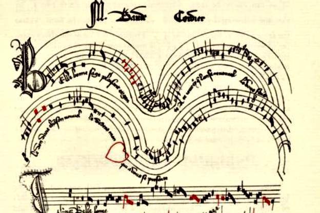 Detail from the score of Baude Cordier's chanson "Belle, bonne, sage," from The Chantilly Manuscript.