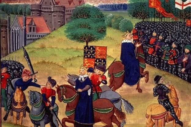 An illustration dated c. 1385-1400, depicting the end of the 1381 peasant's revolt. The image shows London's mayor, Walworth, killing Wat Tyler. There are two images of Richard II; one looks on the killing, while the other is talking to the peasants.
