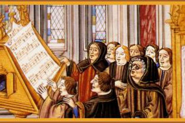 Johannes Ockeghem (wearing glasses) together with members of the choir.