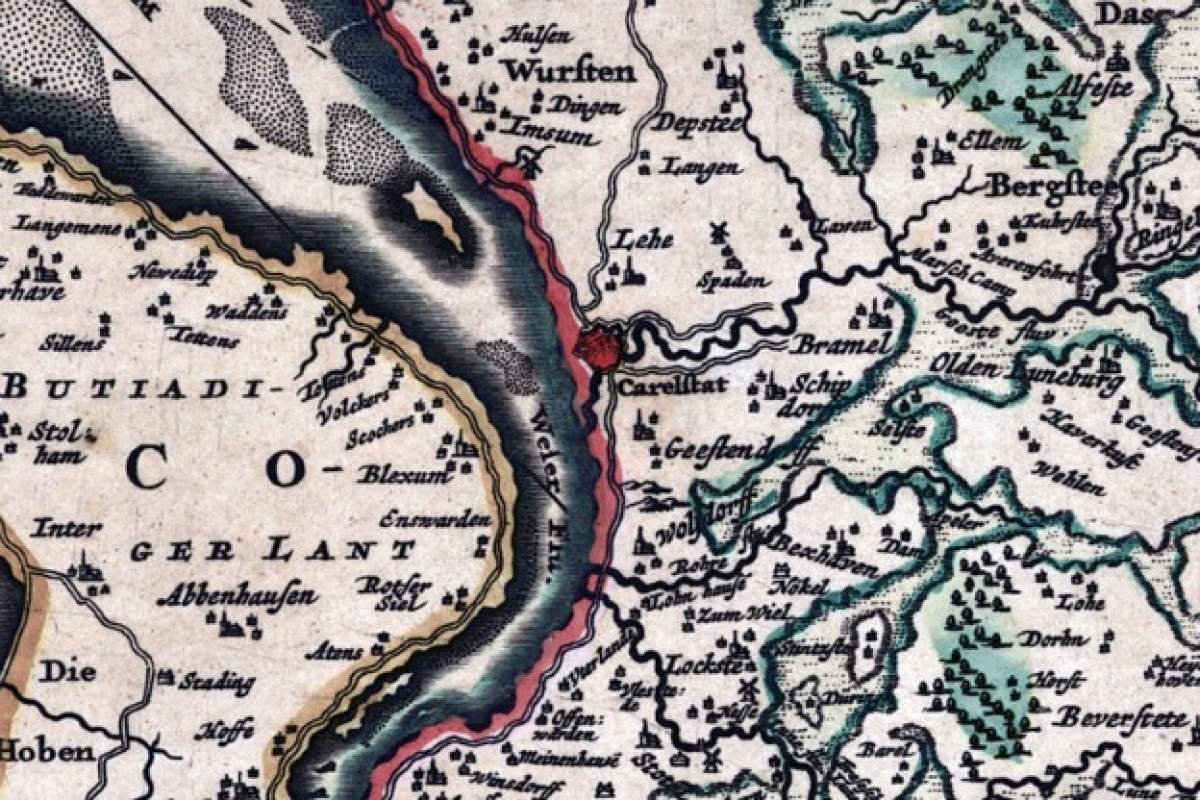 Clipping from an old map made around 1685 by Nicolaes Visscher, showing the region of the estuary of the Weser River.
