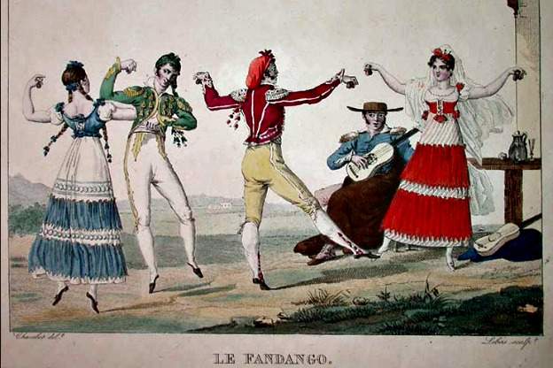 Le Fandango, an illustration of the Spanish folk dance by French painter Pierre Chasselat, circa early 1810s.