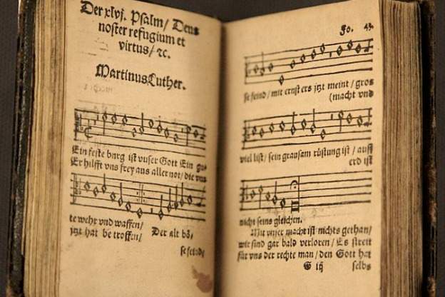 An early printing of Luther's hymn: "A Mighty Fortress Is Our God." This book is a second edition, and is held at the Lutherhaus museum in Wittenberg, Germany.