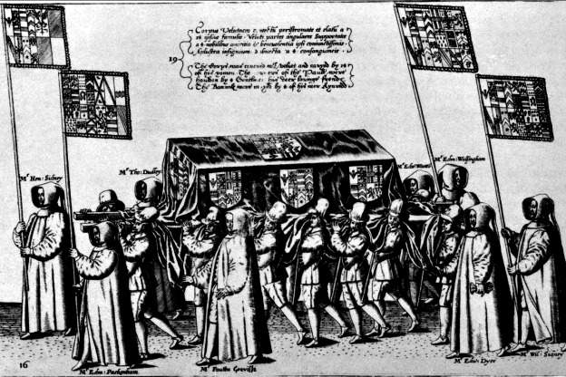 A depiction of a 16th-century funeral procession: The scene shows the casket of  English poet, courtier, and soldier Sir Philip Sidney, (Plate 16 from Procession at the Obsequies of Sir Philip Sidney by Thomas Lant, engraved by Theodor de Bry), 1587.