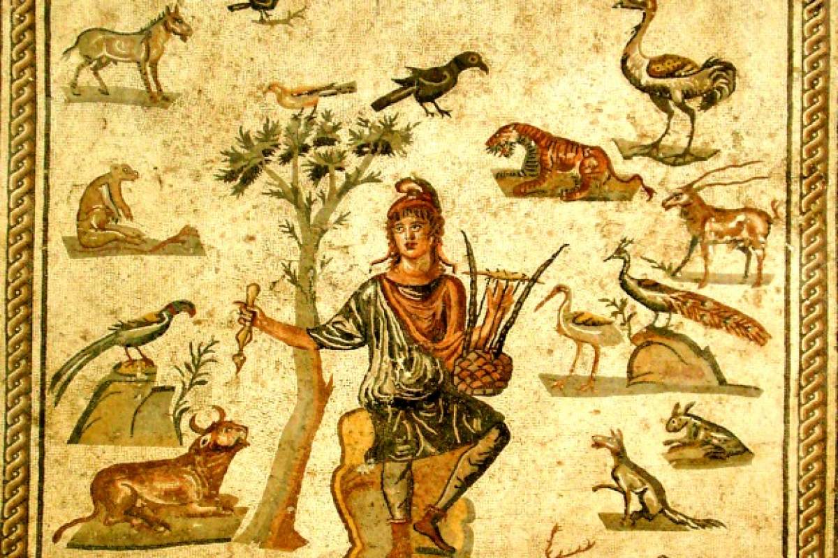 Orpheus charming "beasts" with music from his lyre, depicted on an ancient Roman floor mosaic from Palermo.