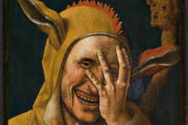 Laughing Fool, detail from a painting, possibly by Jacob Cornelisz. van Oostsanen, Netherlands, circa 1500.